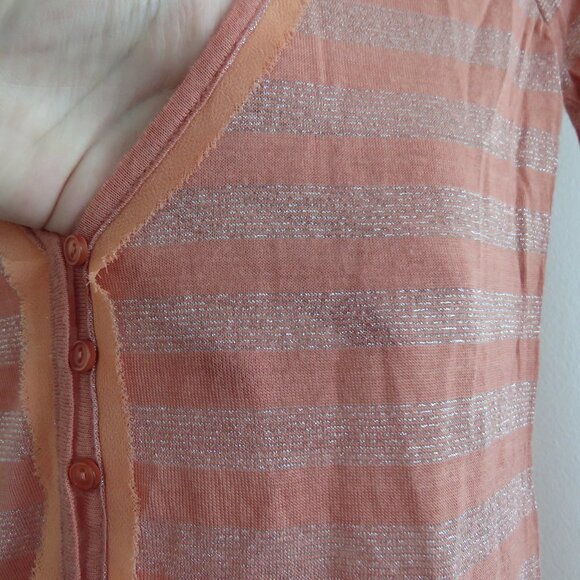 FREE PEOPLE Peach Metallic Striped V-Neck Henley Top - Size S - Picture 9 of 16